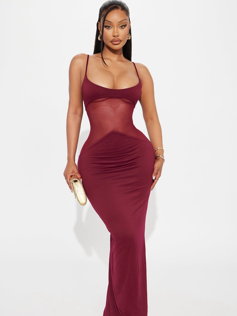 Fashion Nova Burgundy Sheer Panel Maxi Dress